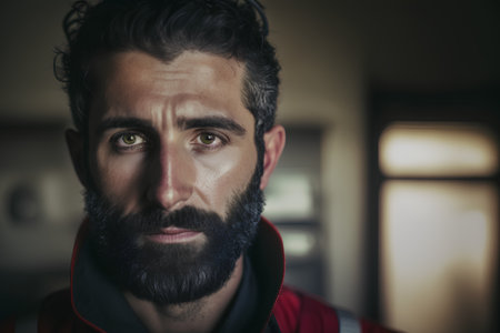 Portrait of a handsome bearded man in a red shirt and red jacket.の素材