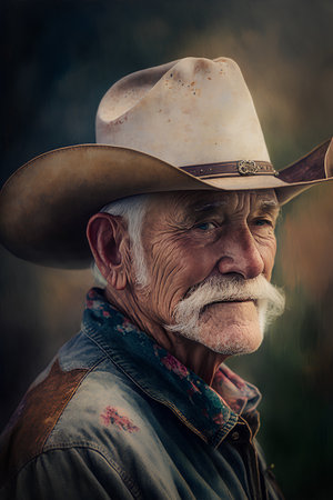 Portrait of an old man with a cowboy hat in the countrysideの素材