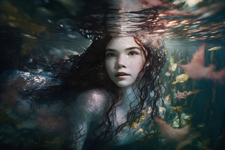 Fantasy portrait of a beautiful girl underwater in the sea. Underwater photography.の素材