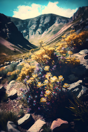 Colorful flowers in the mountains. Photo in old color image style.の素材