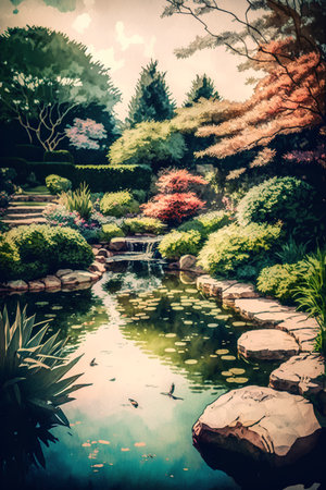 Beautiful landscape design of japanese garden with pond and stone in vintage styleの素材