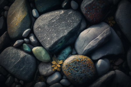 Pebbles background with flowers and grass. 3d rendering.の素材