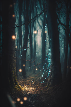 Foggy night forest with glowing Christmas lights. 3D Renderingの素材