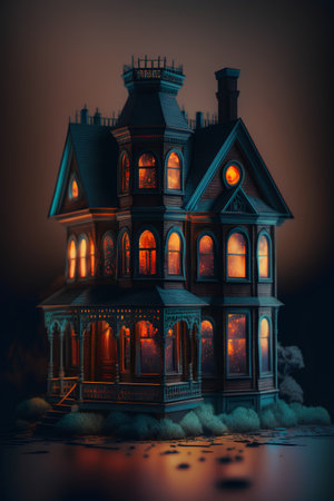 Halloween night scene with haunted house. 3d render illustration.の素材
