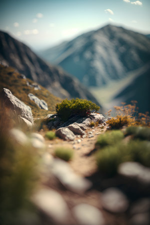 Beautiful mountain landscape with grass and rocks. Filtered image processed vintage effect.の素材