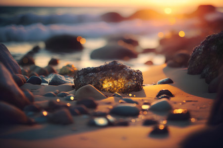 Beautiful sunset over the sea with stones on the sandy beach.の素材