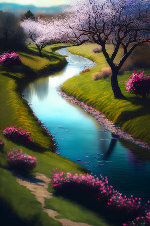 Beautiful spring landscape with blooming trees and river. Digital painting.の素材