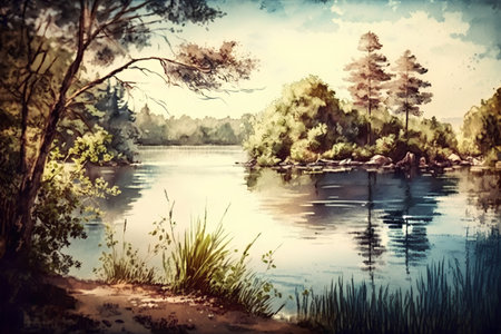 Landscape with lake and pine trees. Photo in old color image style.の素材