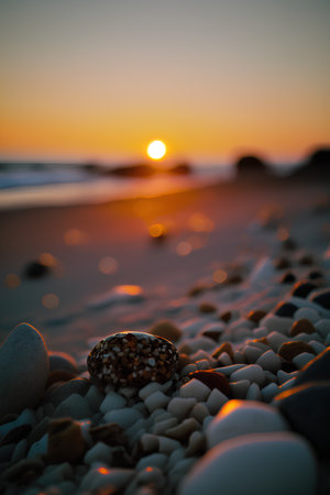 Beautiful sunset on the beach with stones and pebbles.の素材