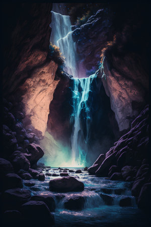 3d rendering of a waterfall in a cave with a light insideの素材
