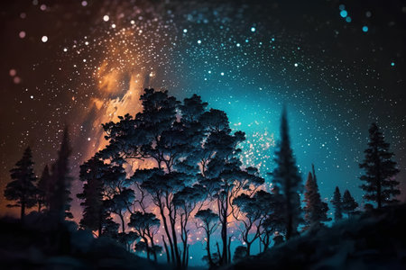 Fantasy landscape with pine trees and Milky Way. 3D renderingの素材