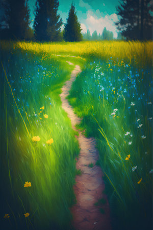 Beautiful spring landscape with a path in the grass and flowers.の素材