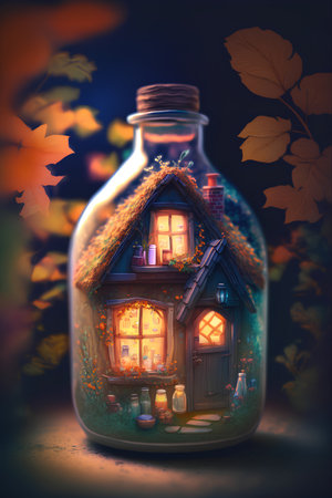 House in a bottle with autumn leaves. 3d render illustration.の素材