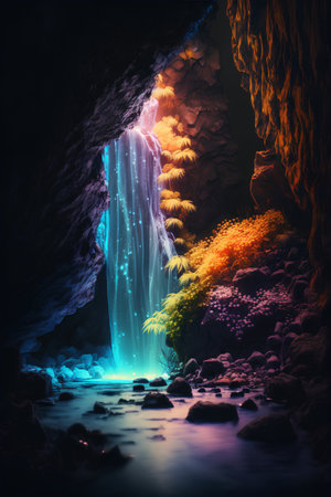 Fantasy landscape with a waterfall in a cave. 3d renderingの素材