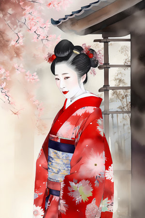 Illustration of a beautiful Japanese geisha in a kimonoの素材