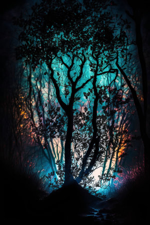 Silhouette of a tree in a dark forest at night. Halloween backgroundの素材