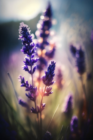 Beautiful lavender flowers at sunset. Selective focus. Toned.の素材