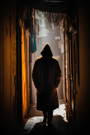 A man in a raincoat walks through a narrow street in the old city.の素材