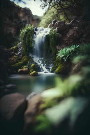 Beautiful waterfall in the forest, soft focus and vintage tone.の素材