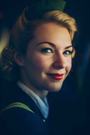 Portrait of a beautiful stewardess in uniform with red lipsの素材