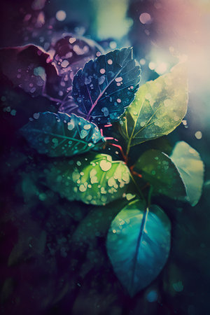 Beautiful green leaves with drops of dew on a dark backgroundの素材