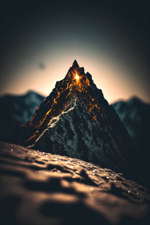 Snowy mountain peak at sunrise. 3d rendering toned imageの素材