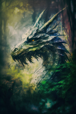 Fantasy dragon in the forest. Fantasy illustration. 3D rendering.の素材