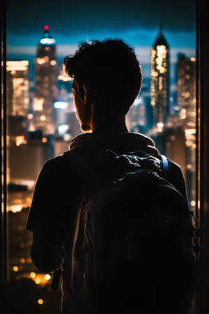 Silhouette of a young man with a backpack on the background of the night cityの素材