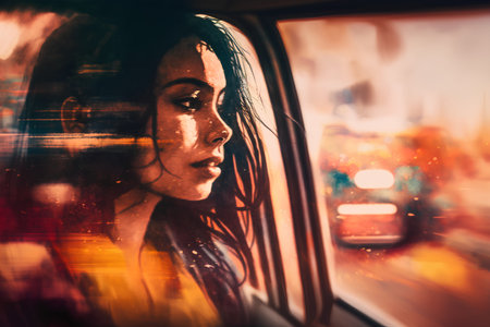 Young woman looking out of a car window. Blurred background.の素材