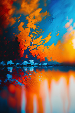 abstract background of blue and orange paint splashes on the waterの素材