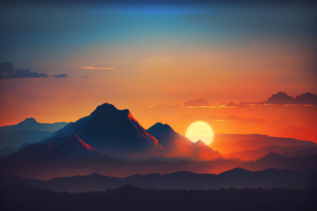 Mountain landscape at sunset. Vector illustration of a mountain range.の素材
