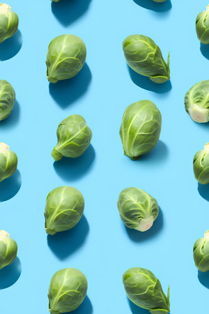 Brussels sprouts pattern on blue background. Flat lay, top viewの素材