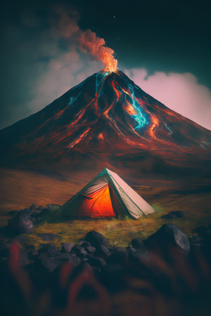 Tourist tent with active volcano in the background, 3D illustrationの素材