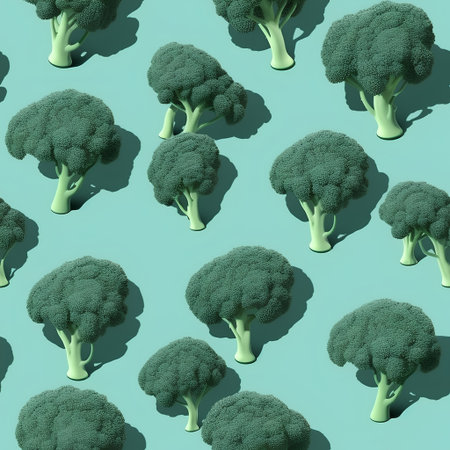 Broccoli seamless pattern on a light blue background. Top view.の素材