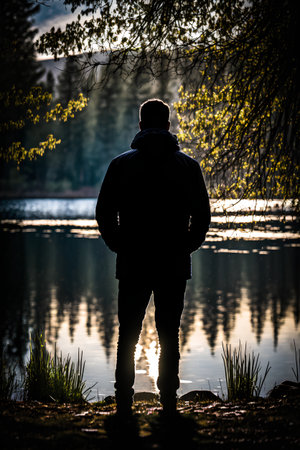 Silhouette of a man standing in front of a lake.の素材