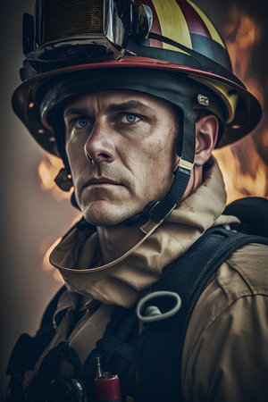 Portrait of a firefighter in a fire fighting suit and helmet.の素材