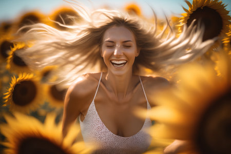 Beautiful young woman in a field of sunflowers laughing and having funの素材