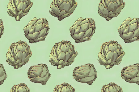 Vector seamless pattern with hand drawn artichokes on green background.の素材