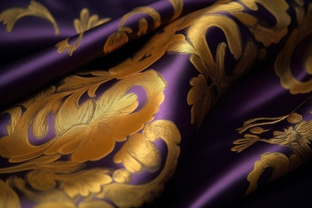 violet silk fabric with golden pattern, closeup detail of photoの素材