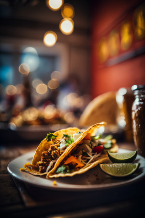 Tacos with meat and vegetables on a wooden table in a restaurantの素材