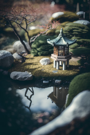 Japanese garden with lanterns and moss on the ground. Selective focus.の素材