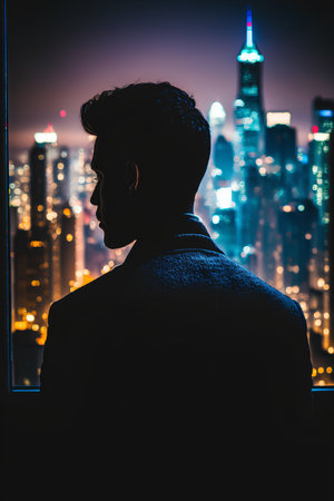 Silhouette of a businessman looking at the city at night.の素材