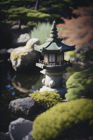 Japanese garden with traditional lantern in japanese style, selective focusの素材
