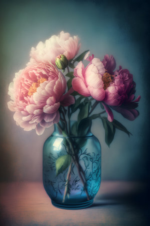 Bouquet of peonies in a vase on a wooden tableの素材
