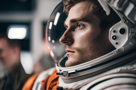 Portrait of a young man in an astronaut helmet. Space exploration.の素材