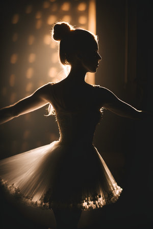 Silhouette of a ballerina in a white tutu dancing in the studioの素材