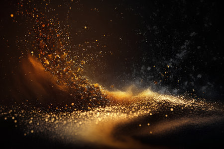 Abstract gold particles explosion on black background. 3d render illustration.の素材