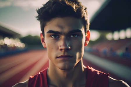 Athlete at the stadium. Portrait of a young man.の素材