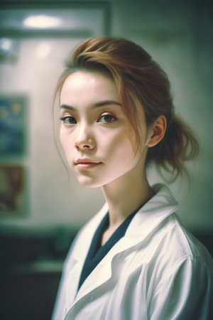 Portrait of young female doctor in medical office, looking at camera.の素材