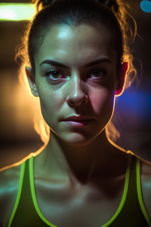 Portrait of a beautiful young woman with makeup in neon light.の素材